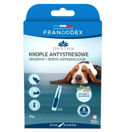 FRANCODEX Krople antystresowe z walerianą dla psów, 4 x 3 ml