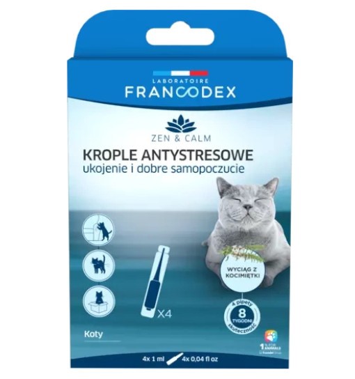 FRANCODEX Krople antystresowe z kocimiętką dla kotów, 4 x 1 ml