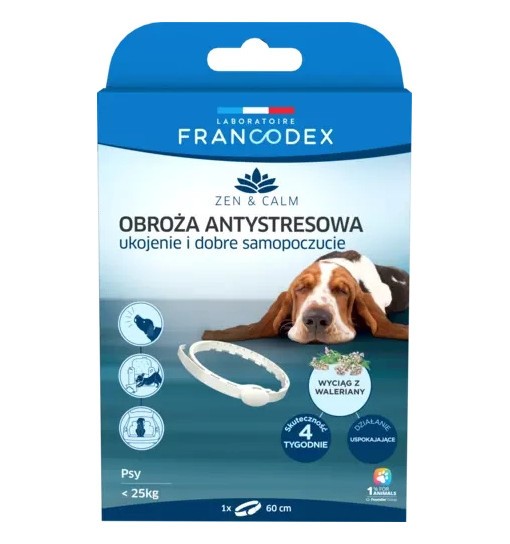 FRANCODEX Obroża antystresowa z walerianą dla psów poniżej 25 kg, 60 cm