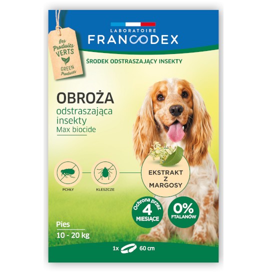 FRANCODEX Obroża dla średnich psów od 10 kg do 20 kg odstraszająca insekty - 4 miesiące ochrony, 60 cm