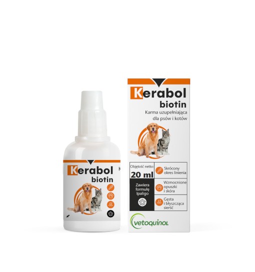 Vetoquinol Kerabol Biotin - przy nadmiernym wypadaniu, łamliwej, matowej i suchej sierści psów i kotów